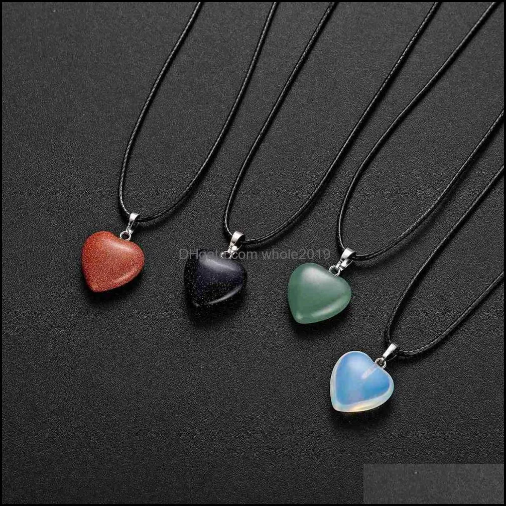 natural stone love heart pendant necklace 45cm black rope leather cord for women men friendship happy jewelr whole2019