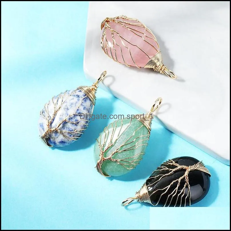 healing crystal natural stone waterdrop charms twine tree of life gold wire wrap pendant turquoise amethyst tiger eye rose quar sport1