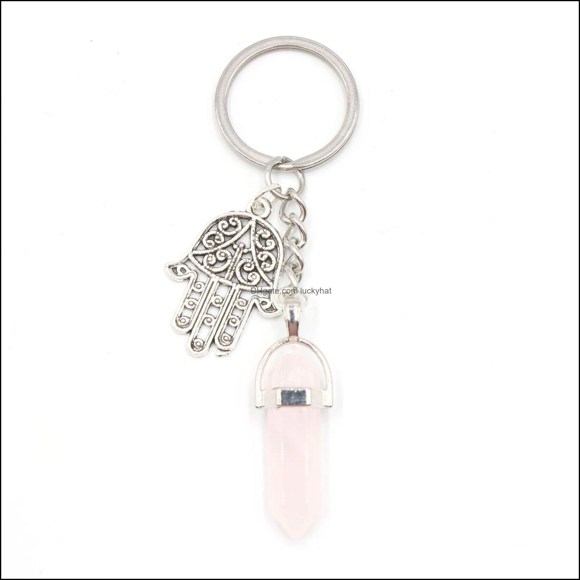 natural stone crystal hand key ring handbag holder hexagonal column palm amulet agates tiger eye opal pink quartz key chain