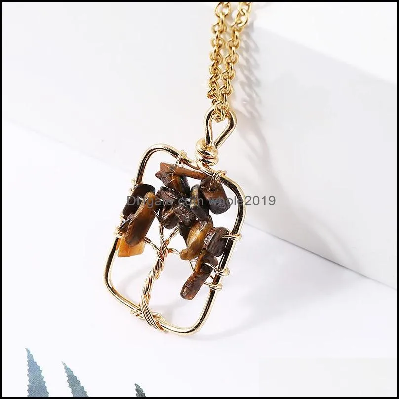 stone crystal charms necklaces copper twine tree of life wire wrap pendant amethyst tiger eye rose quartz wholesale jewelry whole2019