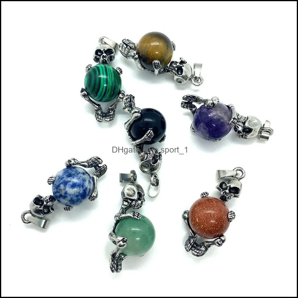 vintage skeleton natural crystal stones skull charms round tiger eye black onyx rose quartz stone ball charm beads pendants sport1