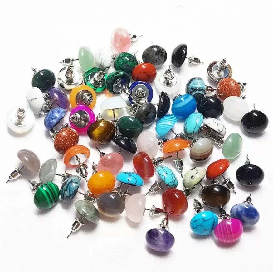 trendy 10mm 12mm natural stone mix round beads stud earrings for women fashion cute small vipjewel