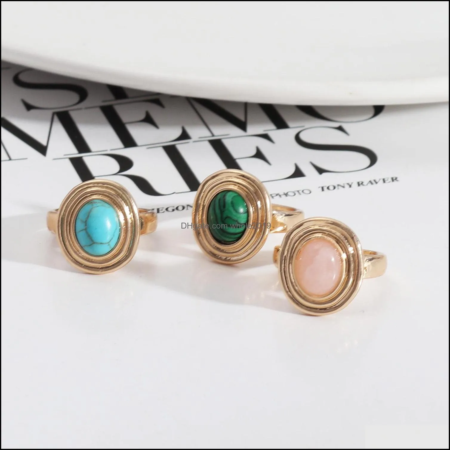 gold oval malachite turquoise rose quartz stone rings fashion inner dia 1.7cm gold color band jewelry for wome whole2019