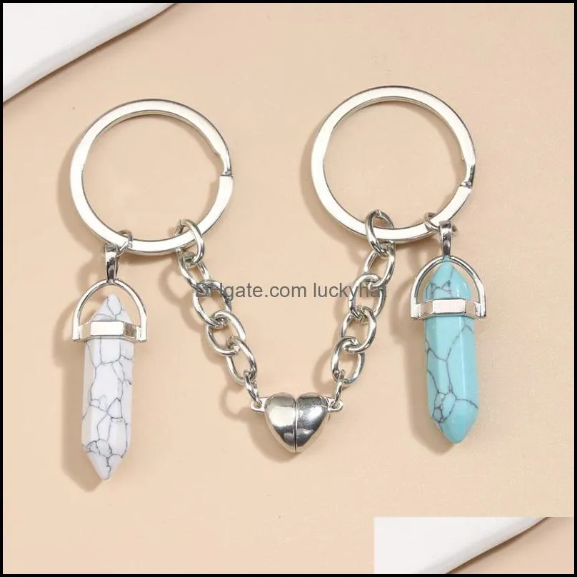  keychain natural crystal quartz stone key ring heart magnetic button key chains keyring for couple friend gifts diy handmade