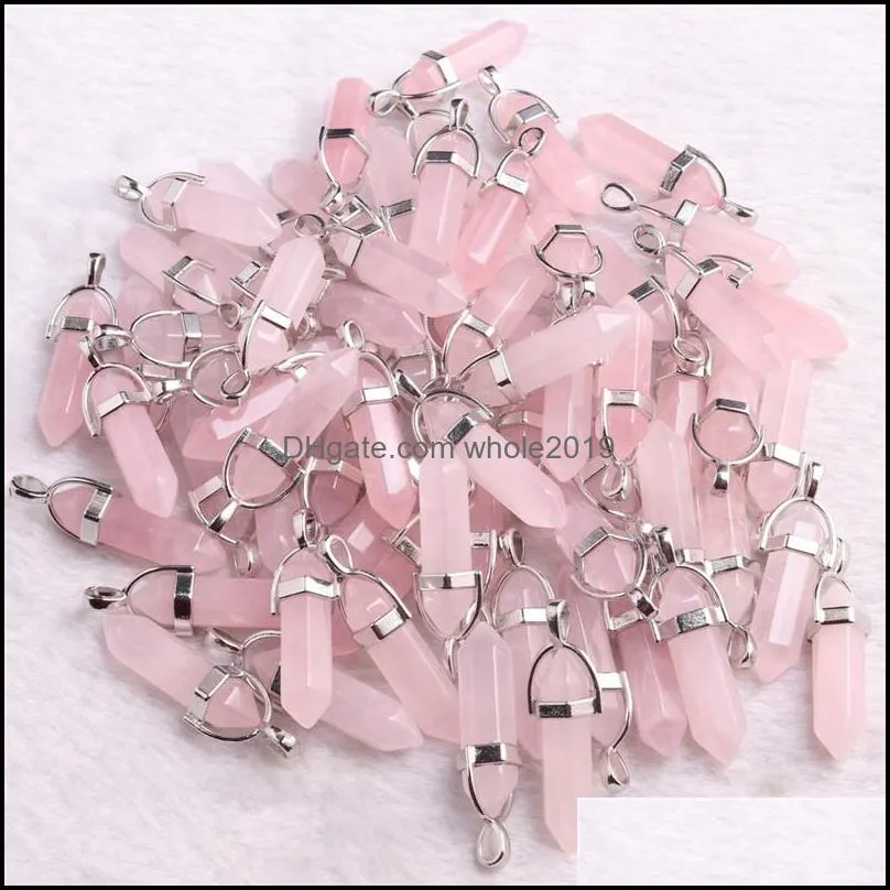 bulk natural stone rose quartz charms pink crystal pendant hexagonal column pendants necklace charms jewelr whole2019