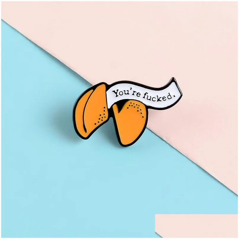 funny youre fxxxxd lucky fortune cookie brooches orange banner enamel pins custom brooches lapel badge jewelry for friends kids