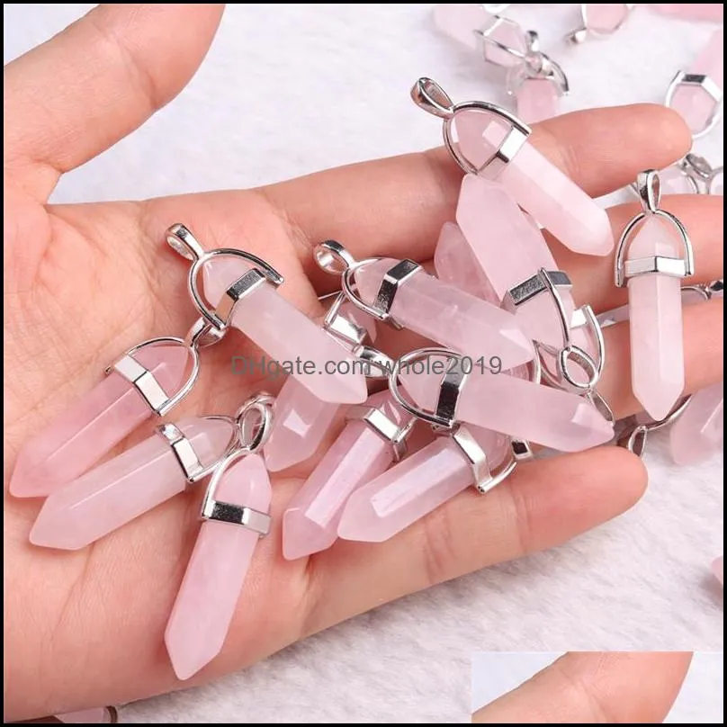 bulk natural stone rose quartz charms pink crystal pendant hexagonal column pendants necklace charms jewelr whole2019