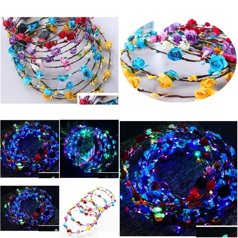 100pcs flashing led strings glow flower crown headbands light party rave floral hair garland luminous wreath wedding flower girl kids