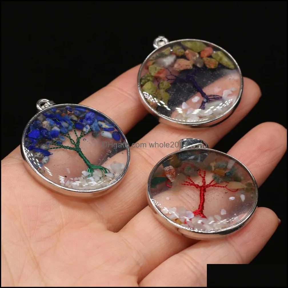 gravel natural stone tree of life pattern glass round charms rose quartz healing reiki crystal pendant diy necklace earrings whole2019