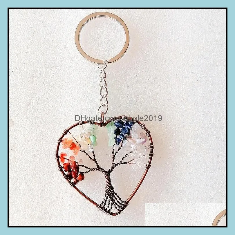 wire wrap tree of life reiki healing keyrings natural stone heart keychains chakra amethyst pink rose crystal key rings wome whole2019