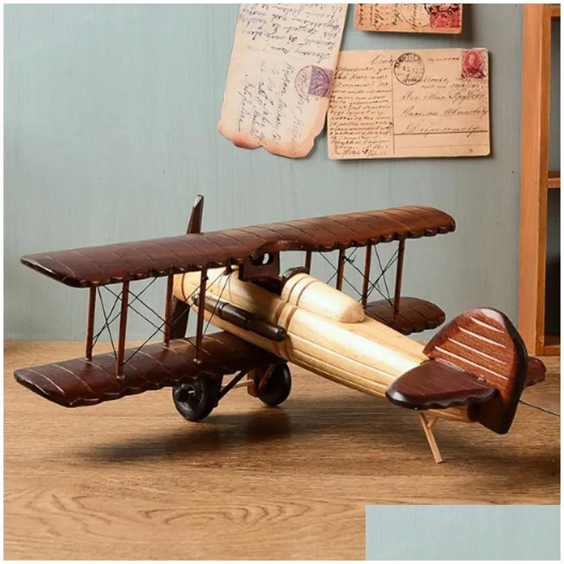 retro handmade wooden airplane ornaments creative home desktop model decoration childrens entertainment toys 220329