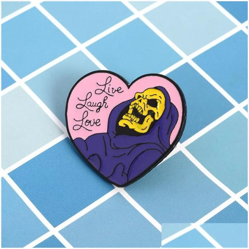 live laugh love enamel pin heart shape skeleton badge brooch lapel pin for denim jeans shirt bag gothic jewelry gift for friend