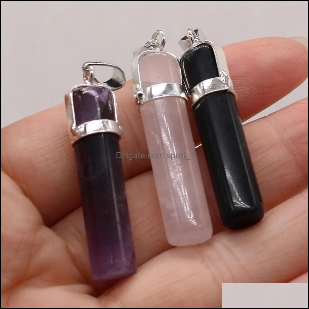 healing cylinder pillar pink amethyst black agate stone charms rose quartz crystal pendant diy necklace women fashion jewelry sport1