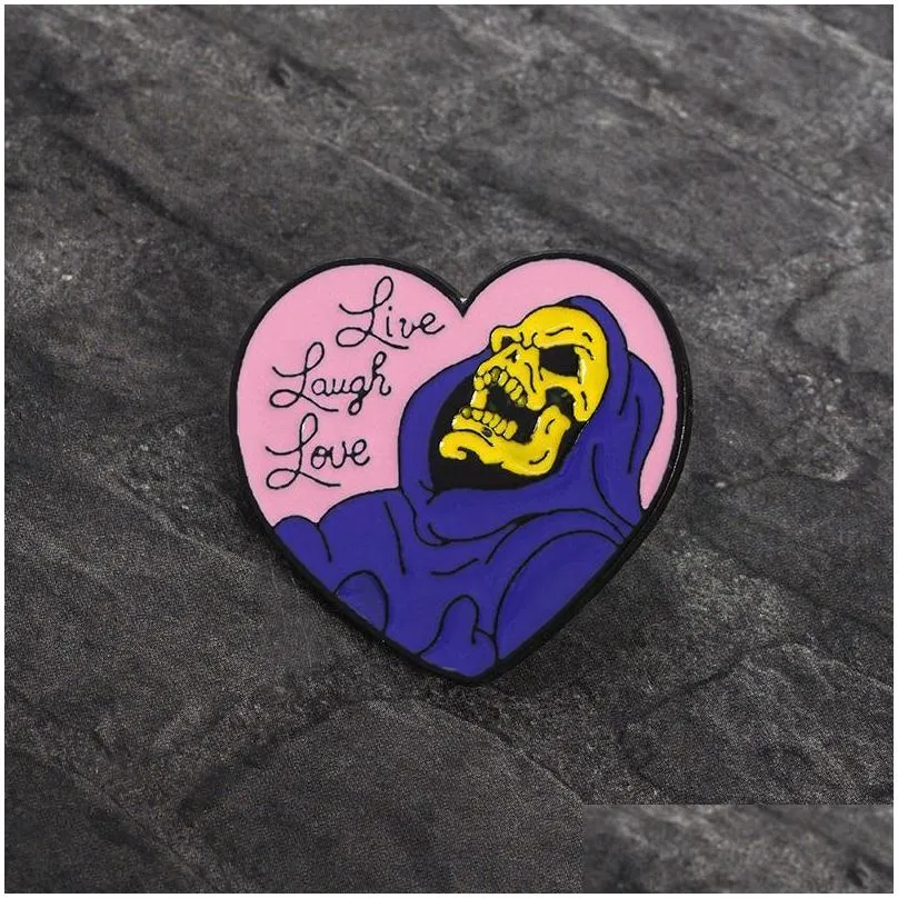 live laugh love enamel pin heart shape skeleton badge brooch lapel pin for denim jeans shirt bag gothic jewelry gift for friend