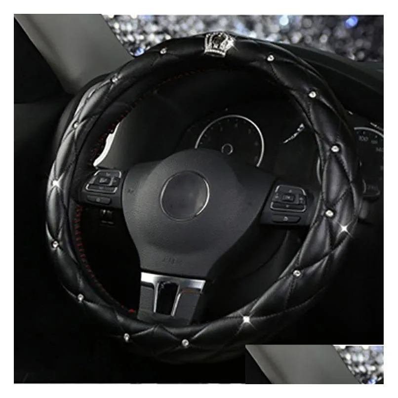 fashion women pu leather car steering wheel cover rhinestones crystal seat belt car styling accessories interior mouldings1