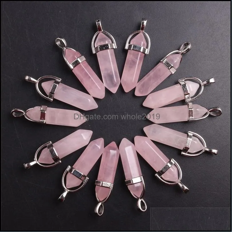 bulk natural stone rose quartz charms pink crystal pendant hexagonal column pendants necklace charms jewelr whole2019