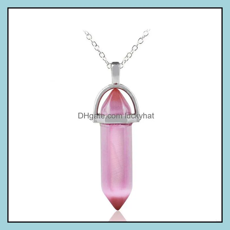 natural crystal bullet hexagonal opal cats eye pendant necklace for women jewelry