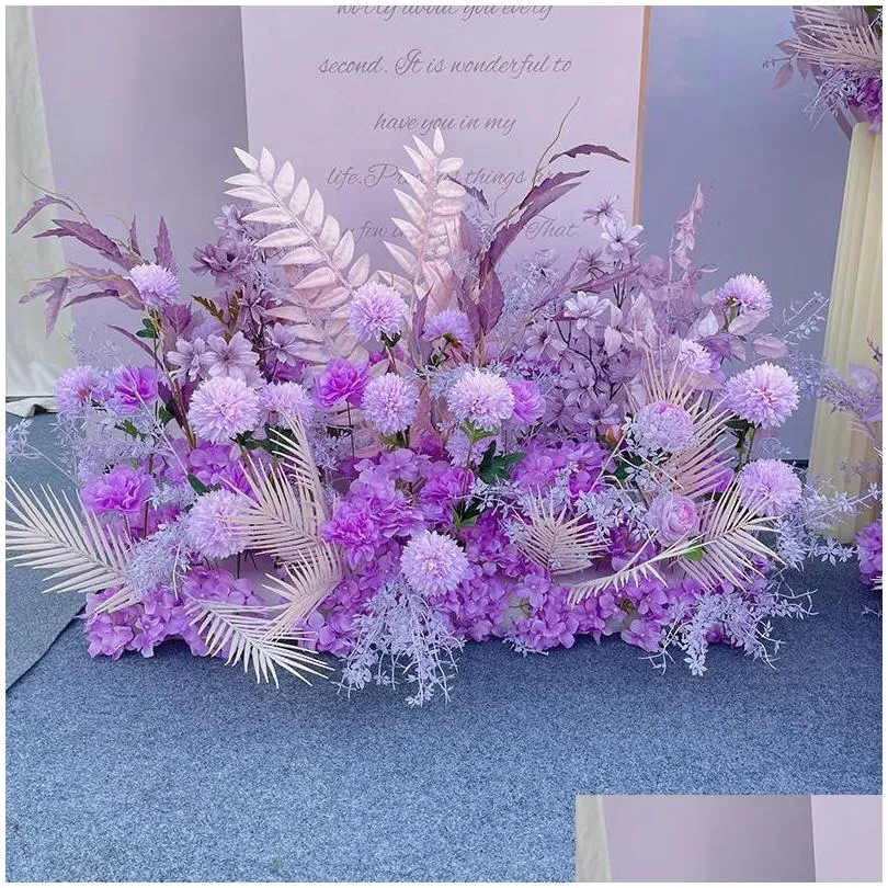 decorative flowers wreaths purple artificial flower arrangement wedding catwalk road lead table backdrop layout party wall