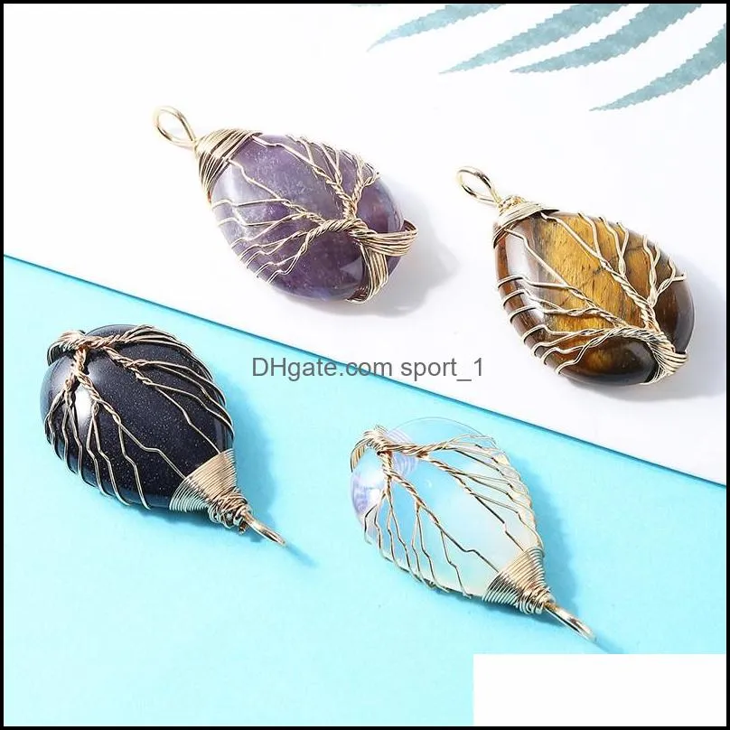 healing crystal natural stone waterdrop charms twine tree of life gold wire wrap pendant turquoise amethyst tiger eye rose quar sport1