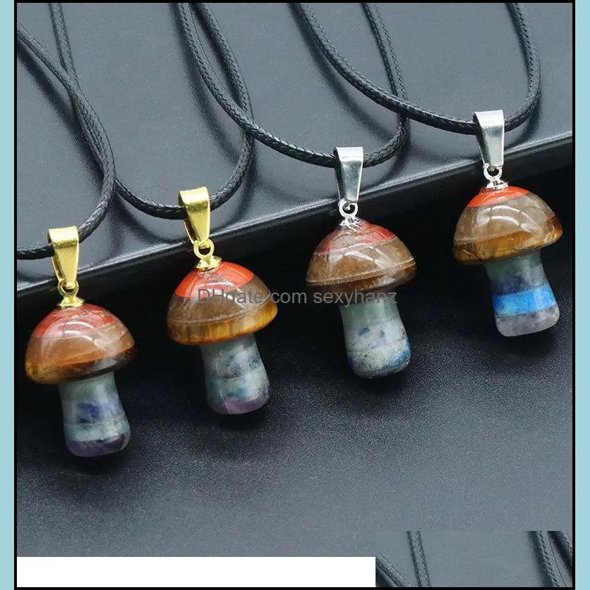 rainbow natural stone carving mushroom shape pendant reiki healing 7chakra crystal necklace for women jewelr sexyhanz