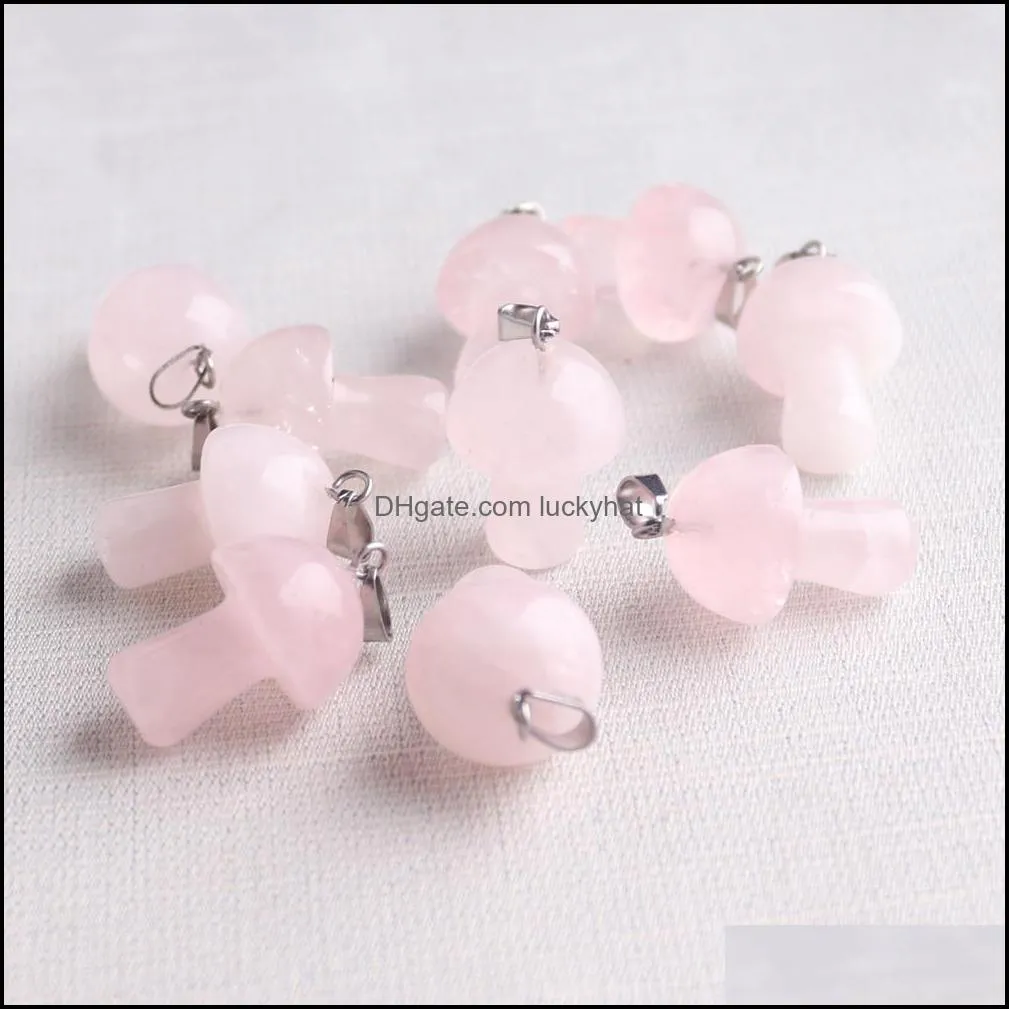 natural gem stone carved mushroom charms pink quartz crystal hand pendants for diy jewelry making necklace