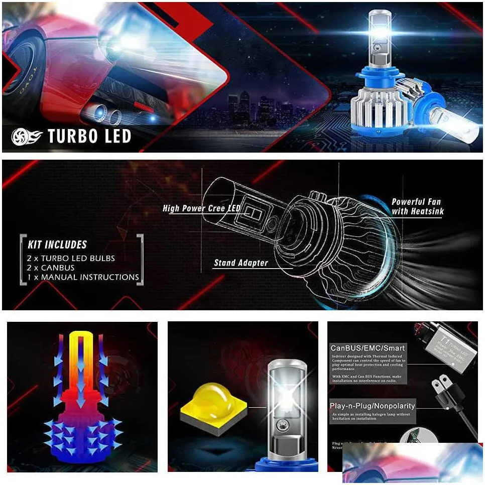 2pcs t1 h4 led car light h7 led canbus h1 h3 h11 880 9005 9006 headlight turbo 70w 7000lm auto bulb automobiles headlamp 6000k