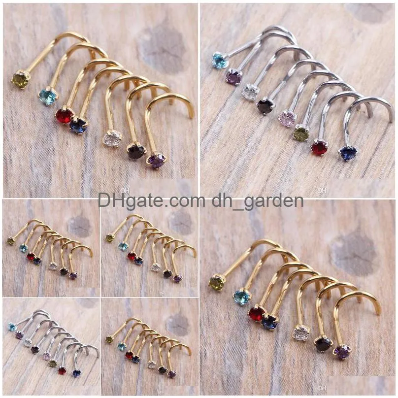 crysta gold silver zircon nose ring screw nose stud clear pink red purple curved steel pin ring piercing 20g 0.8mm