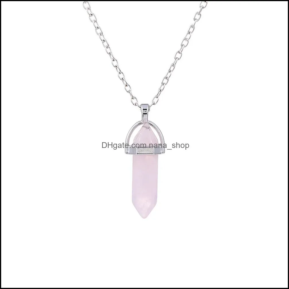 silver plated natural quartz crystal hexagonal pendant chakra healing point pendulum stone necklace jewelry accessories