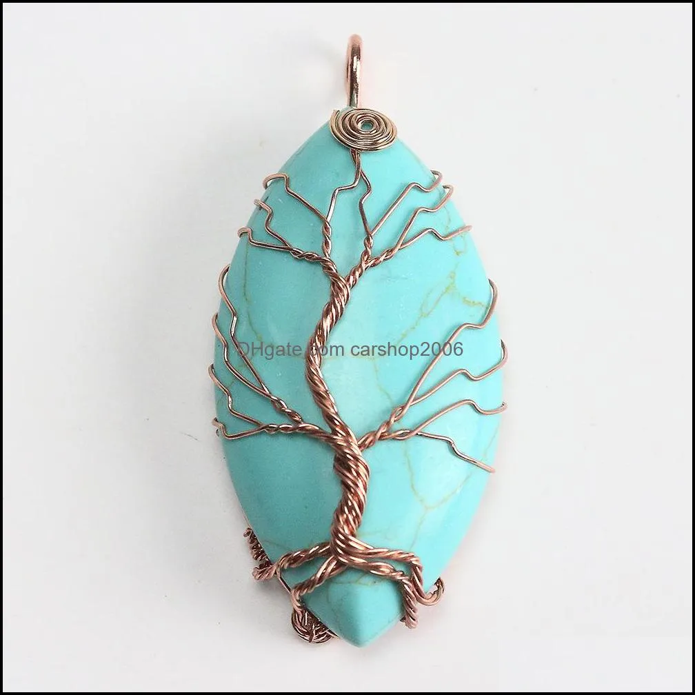 oval natural stone healing crystal tree of life charms waterdrop pendants rose quartz wire wrapped trendy jewelry making carshop2006