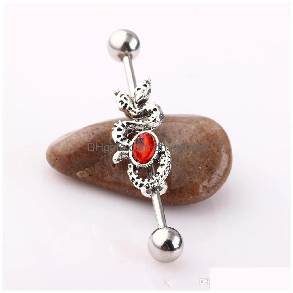 14g stainless steel snake with red cz gem industrial bar piercing barbell earring fashion body jewelry pircing 20pcs