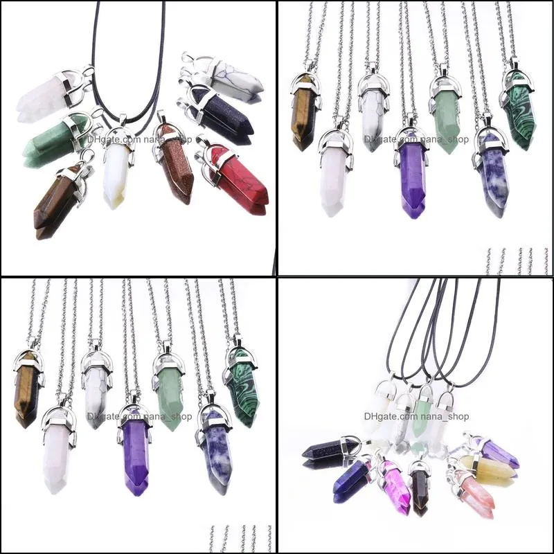 30colors hexagonal crystal pink purple quartz natural stone pendant chakra druzy necklace with 50cm stainless steel chain