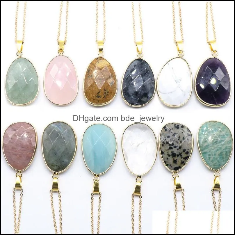 reiki healing natural stone chakra pendant facted covered edge drop energy amethyst rose quartz agate crystal necklace for women