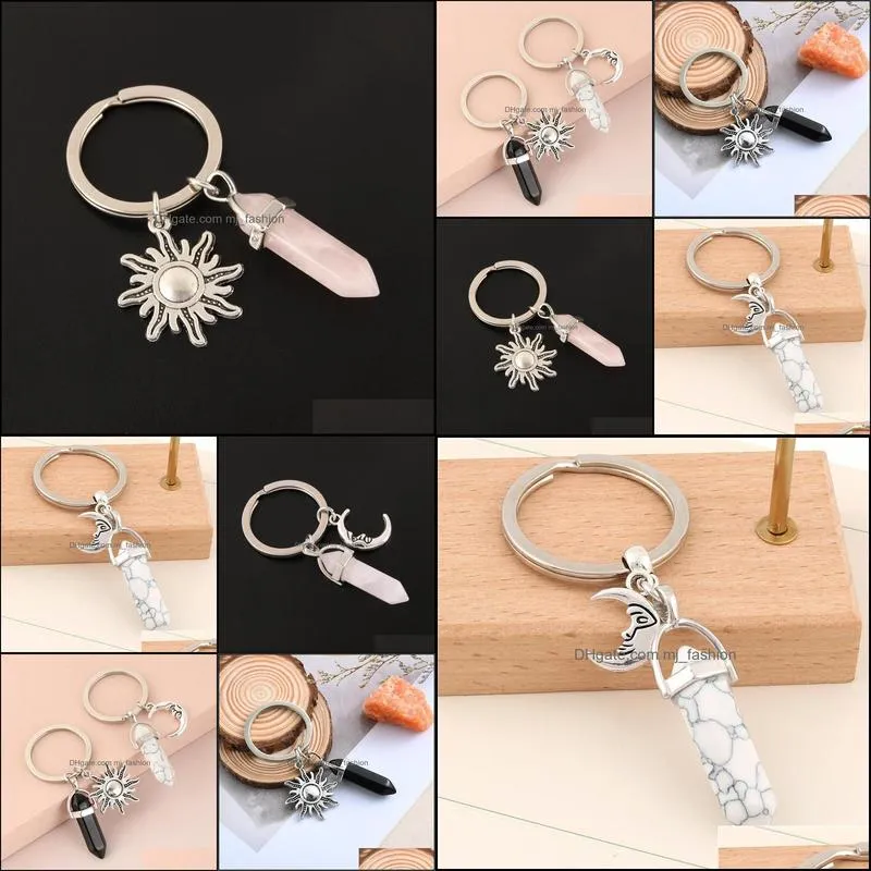 natural opal stone keychain women hexagonal column key chains with sun moon jewelry couple friends