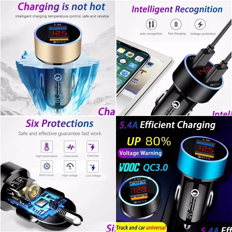 qc 3.0add2.4a dual fast usb car charger lcd display 1224v cigarette socket lighter power auto usb adapter upgraded equipped