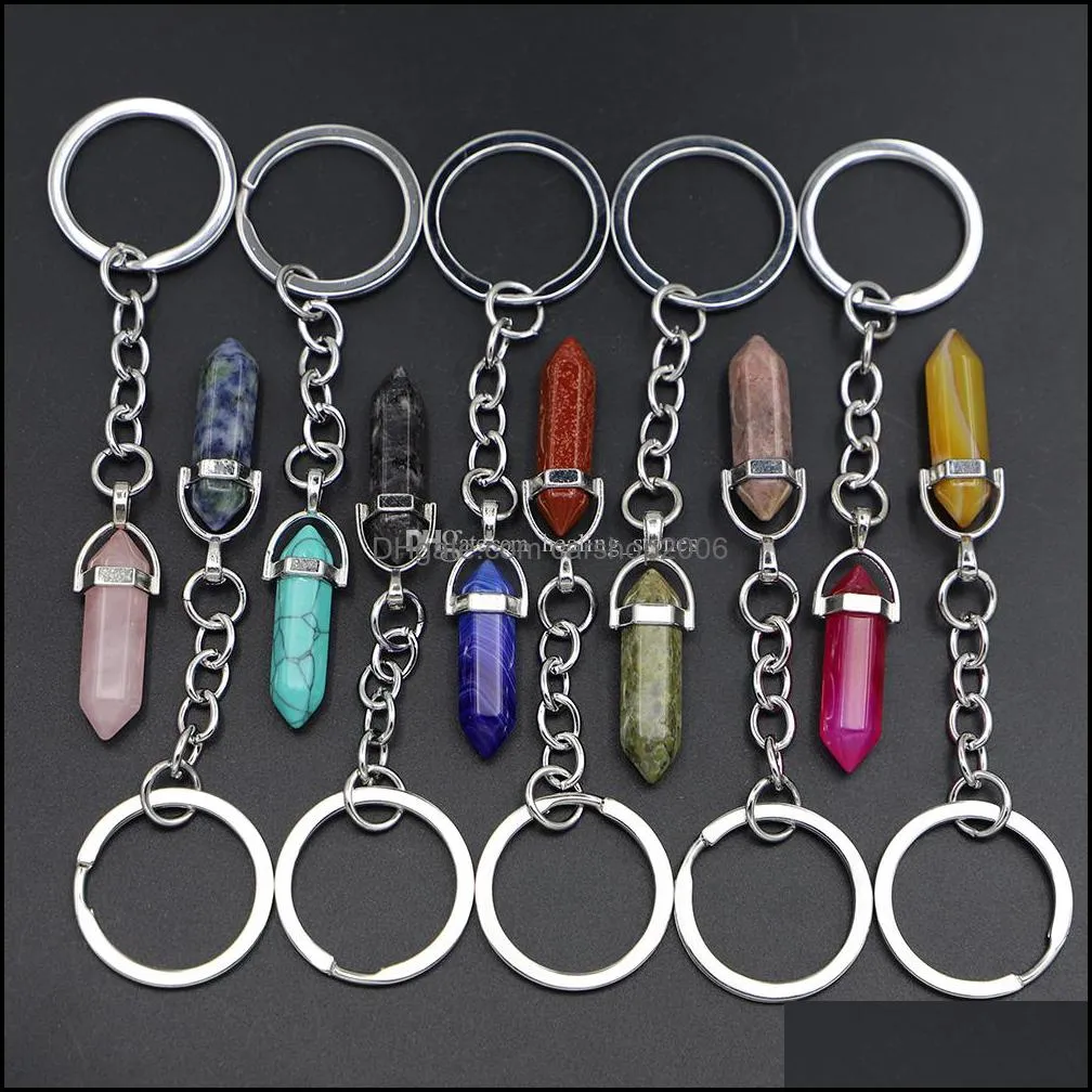 natural stone key rings hexagonal column keychain for women crystal pink quartz keyrings bag car jewelry party friends gift carshop2006