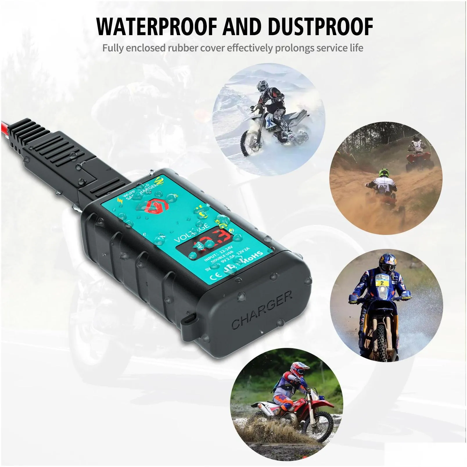 motorcycle waterproof mobile phone  qc3.0 square typec add usb super fast charging voltmeter with sae wire wroup