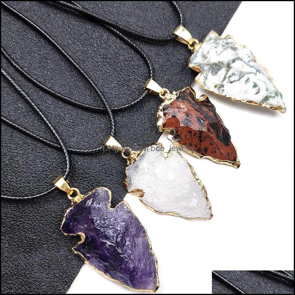 natural agate obsidian healing crystal gilded edge arrow pendant original raw quartz stone men necklace jewelry