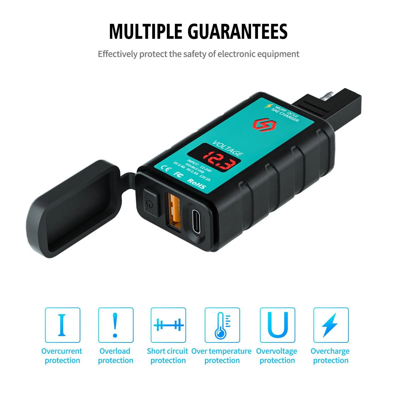 motorcycle waterproof mobile phone  qc3.0 square typec add usb super fast charging voltmeter with sae wire wroup