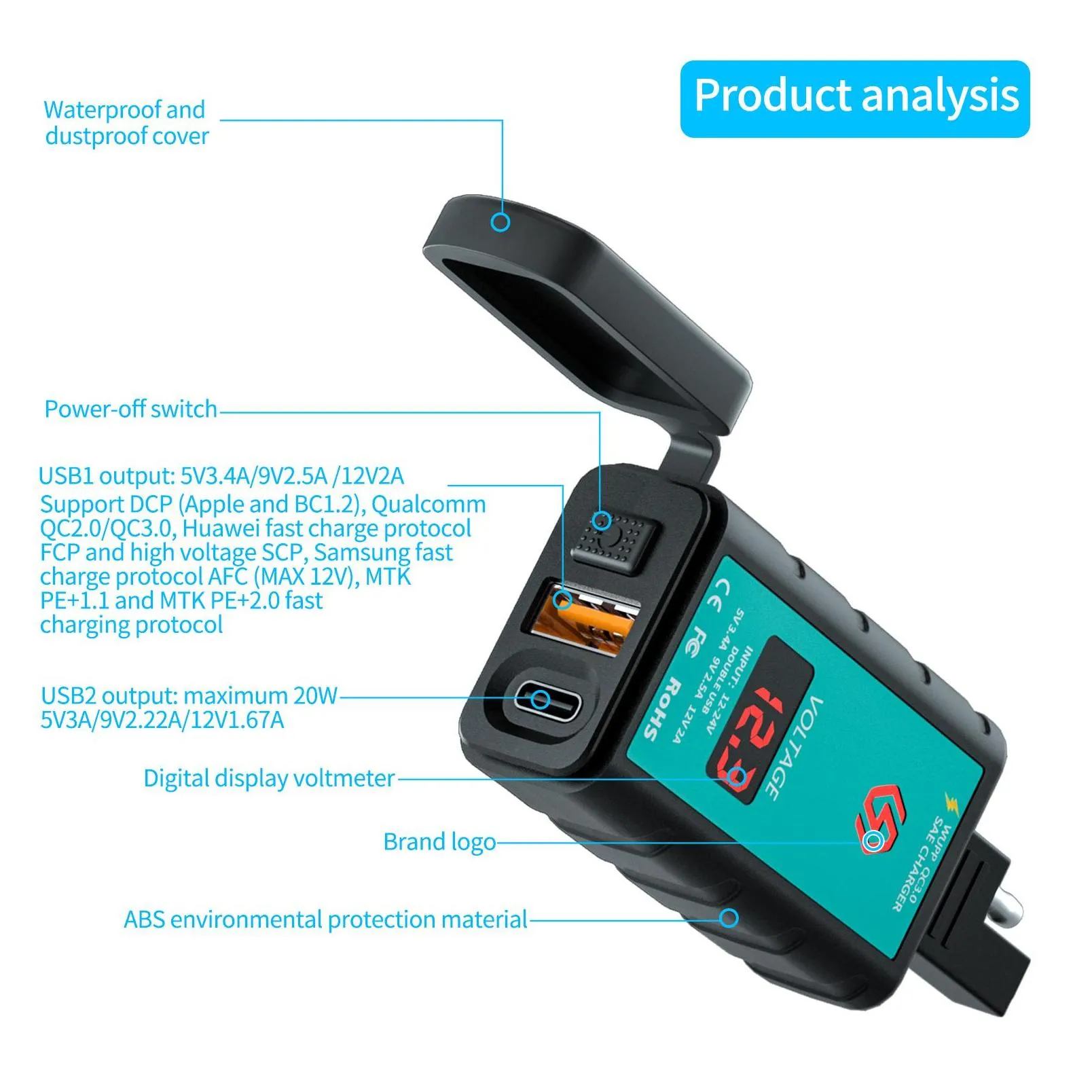 motorcycle waterproof mobile phone  qc3.0 square typec add usb super fast charging voltmeter with sae wire wroup