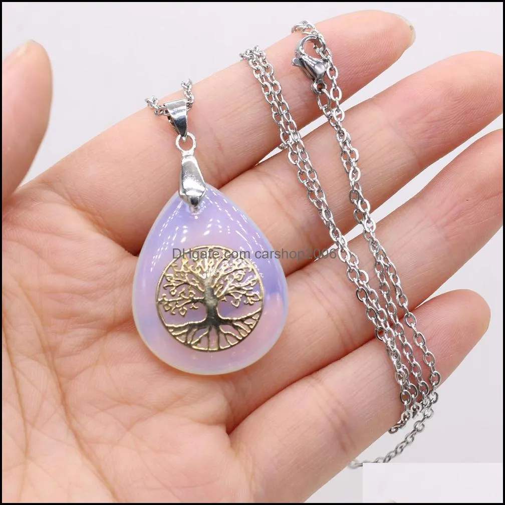 waterdrop tree of life symbol reiki healing natural stone pendant necklace chakra amethyst pink rose crystal link chain carshop2006