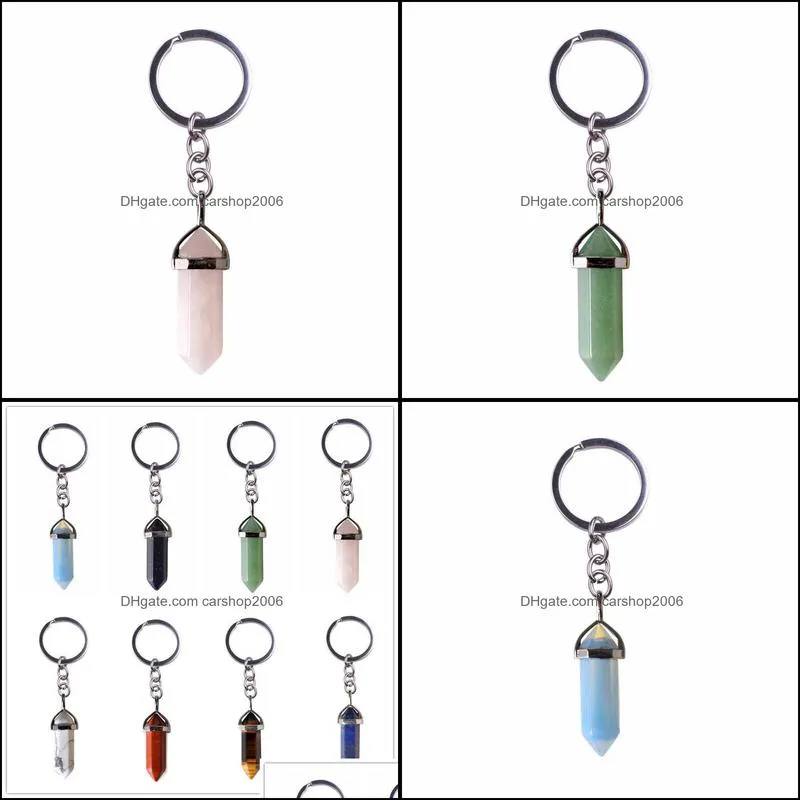 natural stone key rings hexagonal prism keychains silver color healing amethyst pink crystal car decor keyholder for women carshop2006