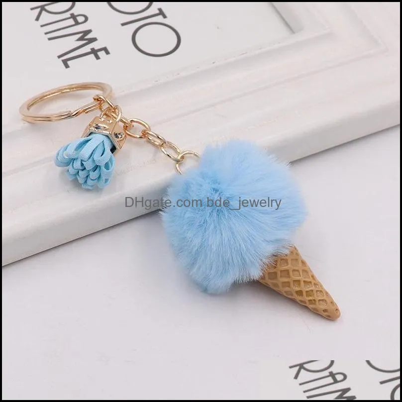 ice cream keychain cute bag cartoon key rings imitation rex rabbit fur plush pendant cone car hair ball bag accessories keychains