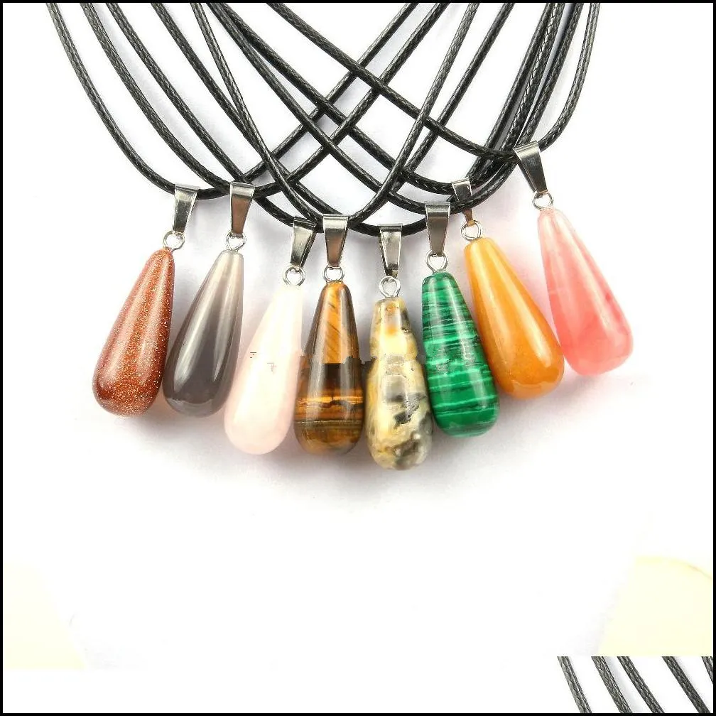 natural stone crystal quartz opal long water drop pendant necklace leather chains for men women fashion jewelry