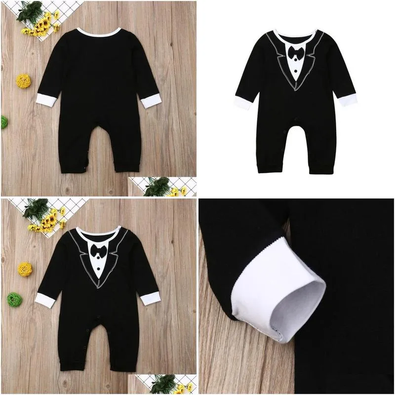 018m baby boy romper cute born infant boys bowtie gentleman wedding party long sleeve outfit jumpsuit summer clothing jumpsuits