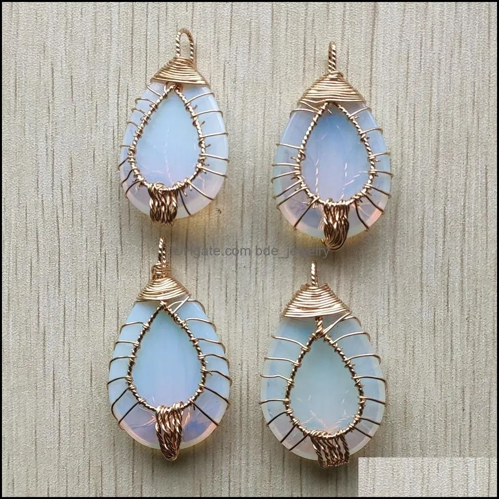 gold color opalite opal wire wrap handmade tree of life charms natural stone pendants diy necklace jewelry making
