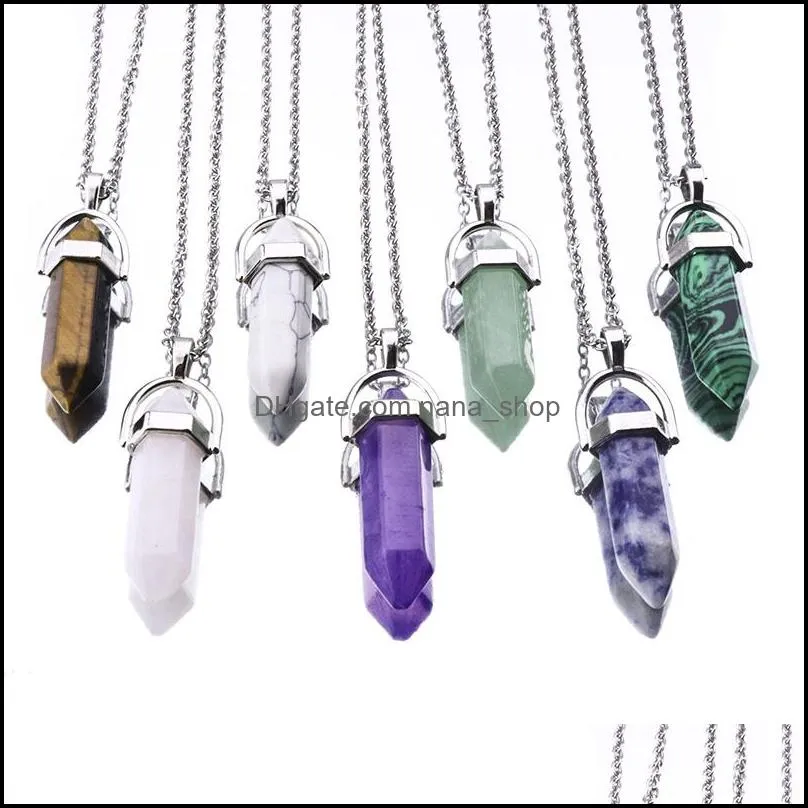 30colors hexagonal crystal pink purple quartz natural stone pendant chakra druzy necklace with 50cm stainless steel chain