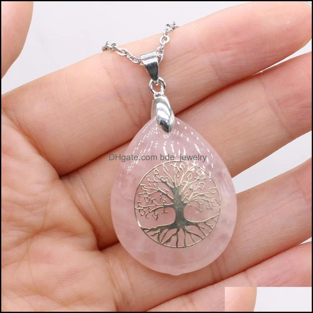 tree of life pattern reiki healing crystal pendant energy waterdrop stone quartz necklaces fashion women men jewelry wholesale