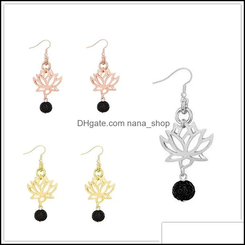 silver gold color black lava stone lotus earrings diy aromatherapy  oil diffuser dangle earings jewelry women