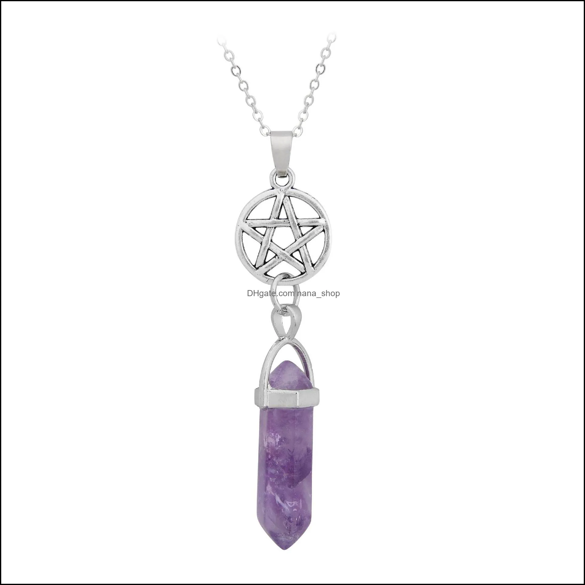natural stone reiki healing moon flower hexagonal bullet opal amethysts quartz pink crystal chakra pendulum necklace