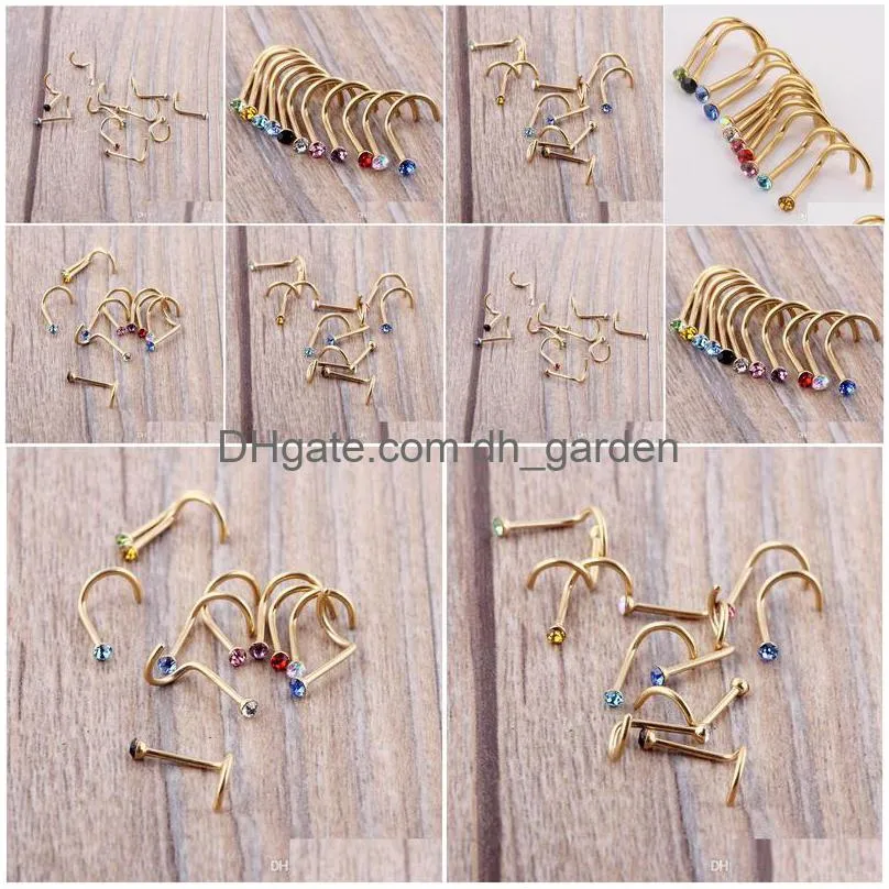 mix colors rhinestone nose studs screw ring bone bar body piercing jewelry gold silver nose pin